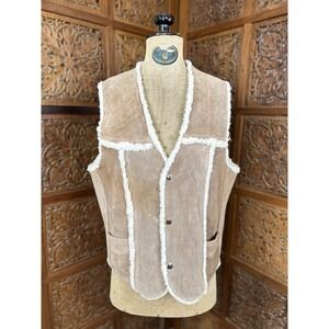 Suede Vest Faux Shearling Trim Western Cowboy Style Sleeveless Jacket‎